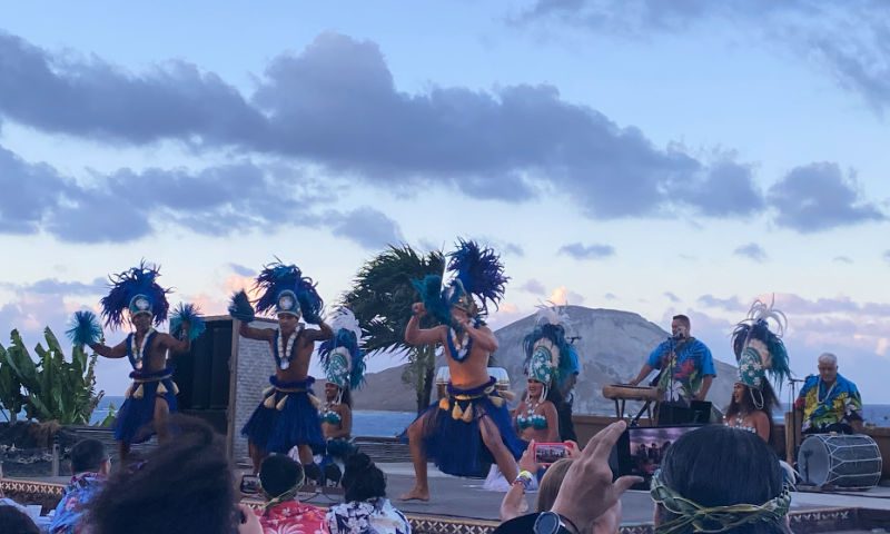 Traditional Hawaiian dancers perform at the Ka Moana Luau at Sea Life Park in Oahu, Hawaii