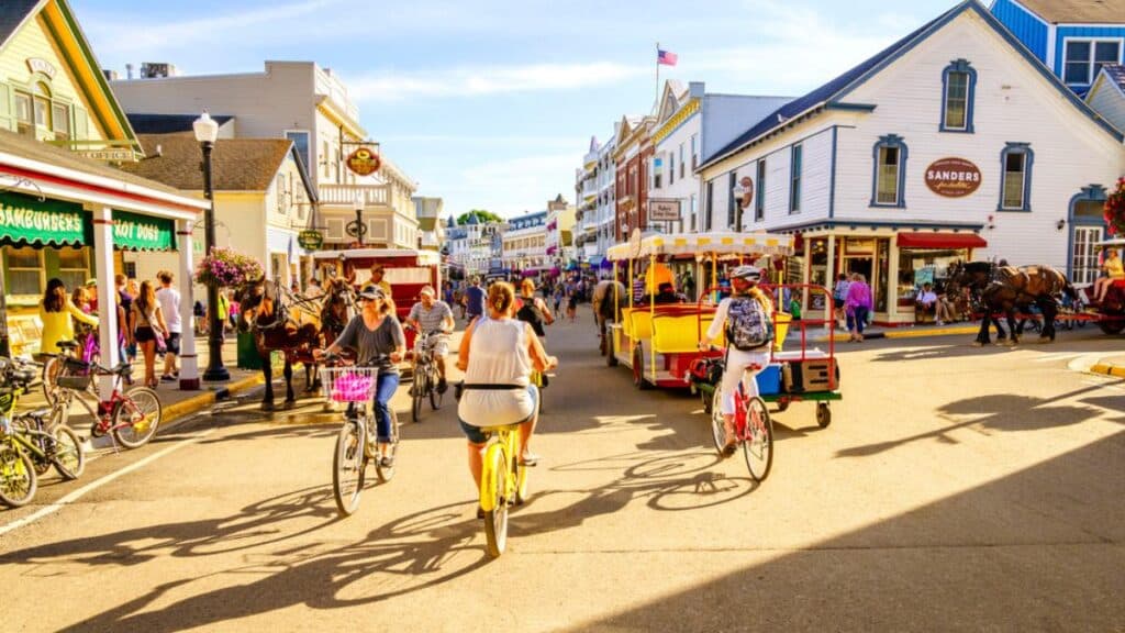 Mackinac Island bikers downtown