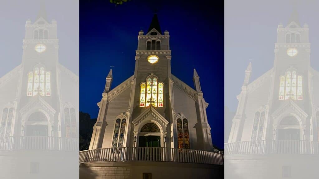 church at night on Mackinac Island