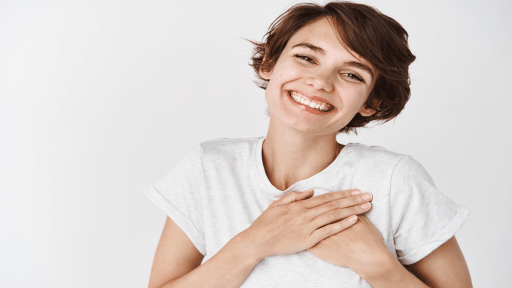 happy smiling woman say thank you